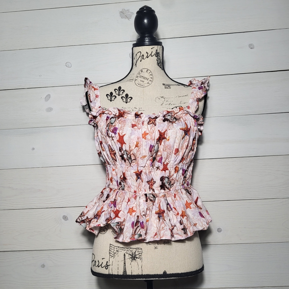 Anthropologie Eva Franco Top Smocked Ruffle Starfish Seashell Beach Coastal.